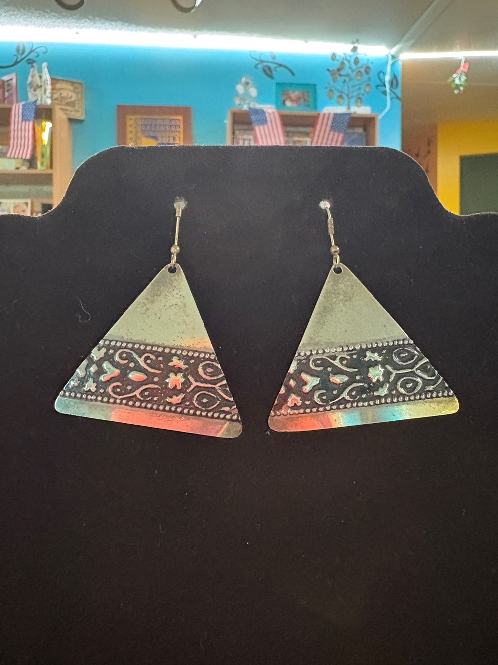 Triangular Etched Drop Earrings - Black Silver Tone Finish